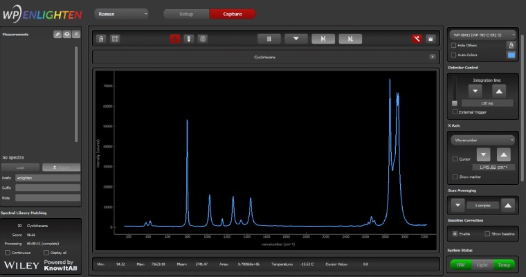 Image of a screenshot of the Wasatch Photonics ENLIGHTEN™ spectroscopy software.